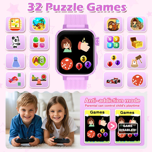 Colorful kids smart watch interface showcasing 32 puzzle games with children playing below.