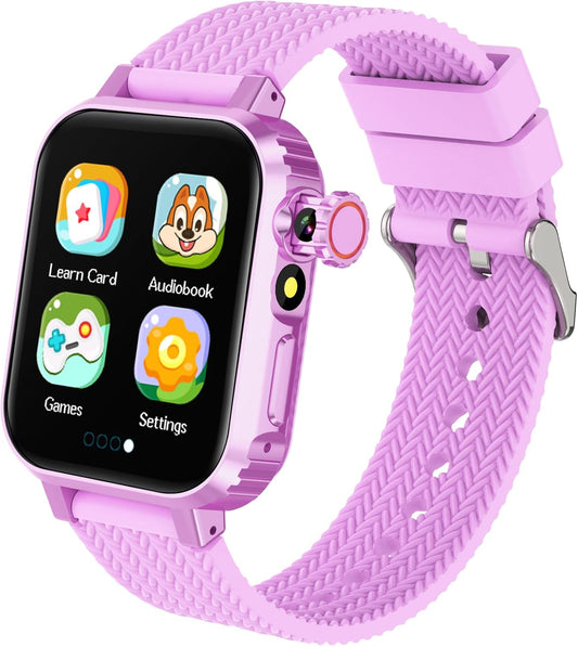 Kids smart watch in purple with games, learn cards, and audiobook features on the screen.