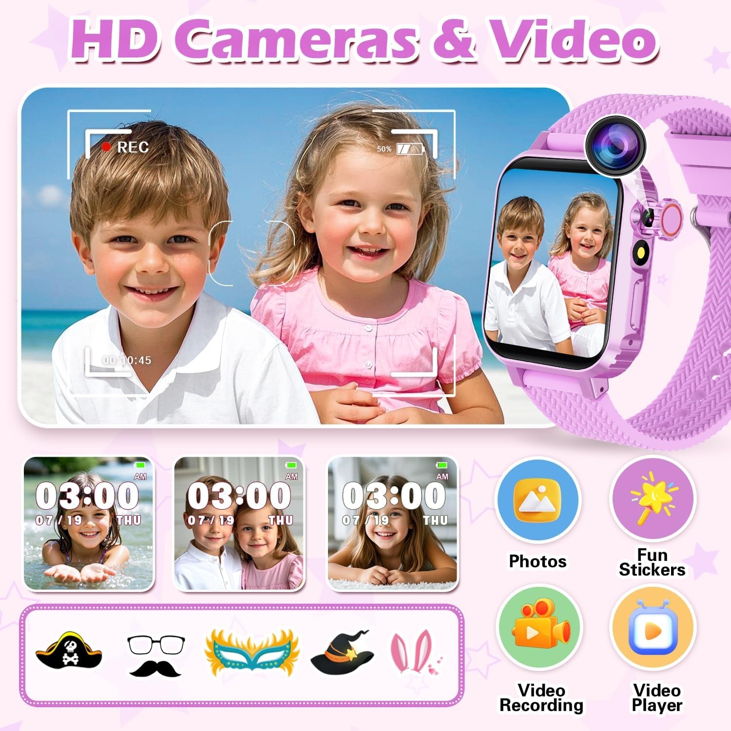 Kids using a smart watch with HD camera features, showcasing video recording, fun stickers, and photo options.