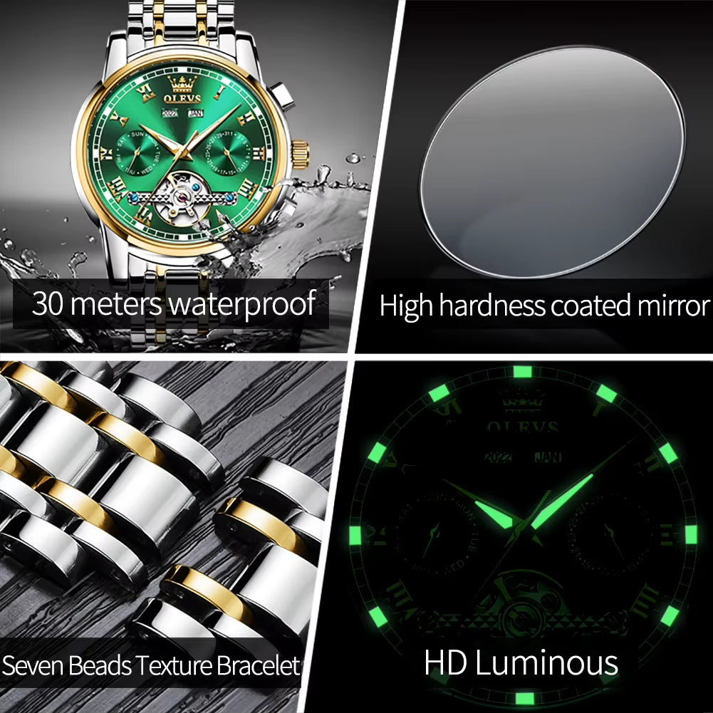 Automatic Mechanical Men Watches Stainless Steel Waterproof Date Week Green Fashion Classic Wrist Watches Reloj Hombre