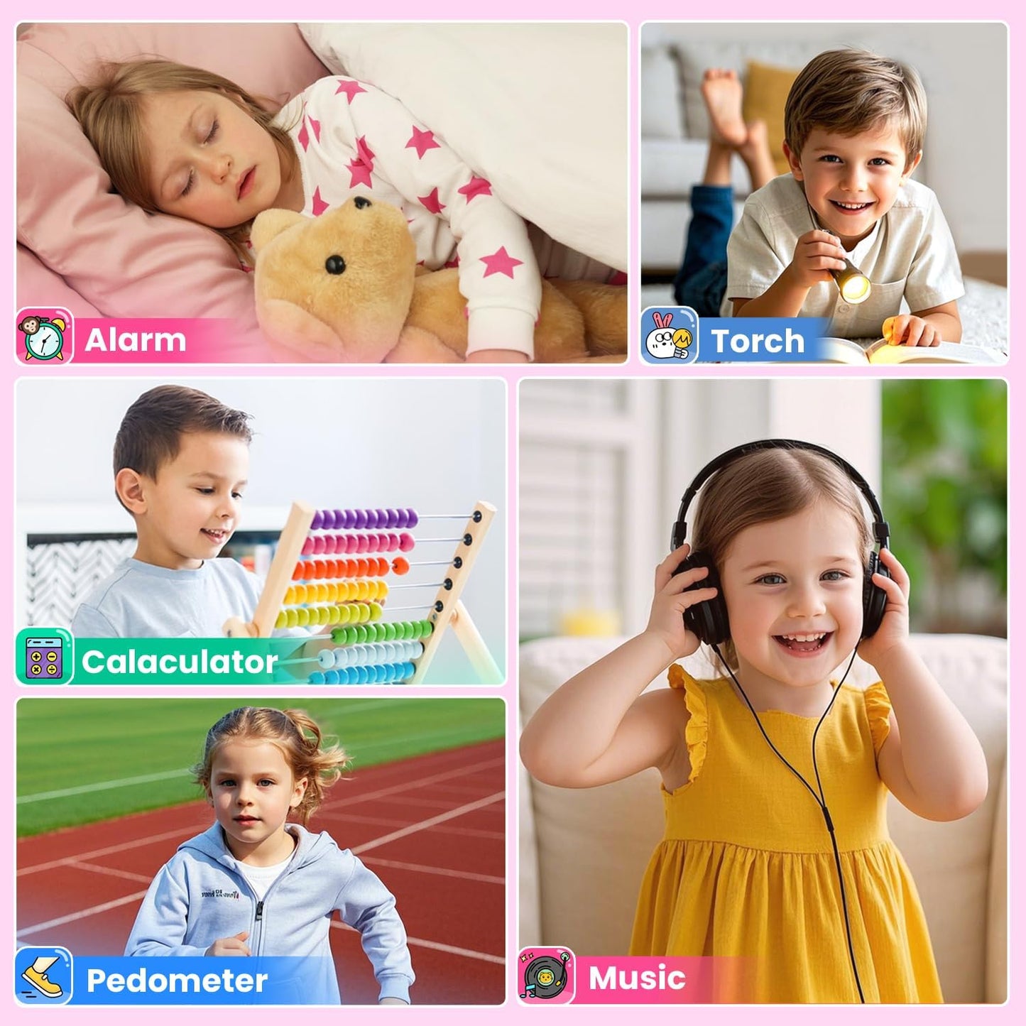Kids using smart watch features like alarm, calculator, pedometer, music, and flashlight in a fun and engaging way.
