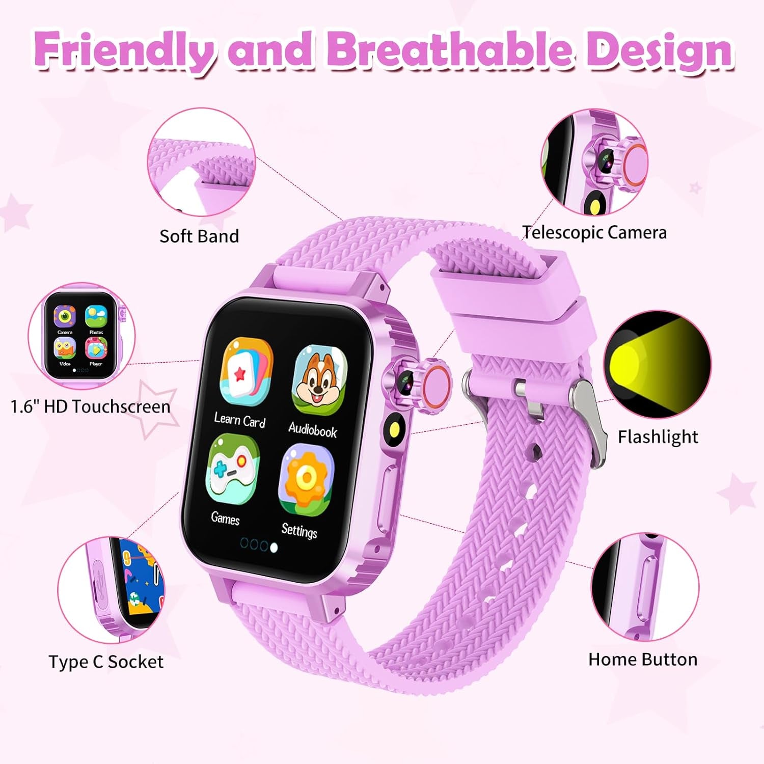 Kids smart watch with soft band, HD touchscreen, camera, flashlight, and friendly design features.